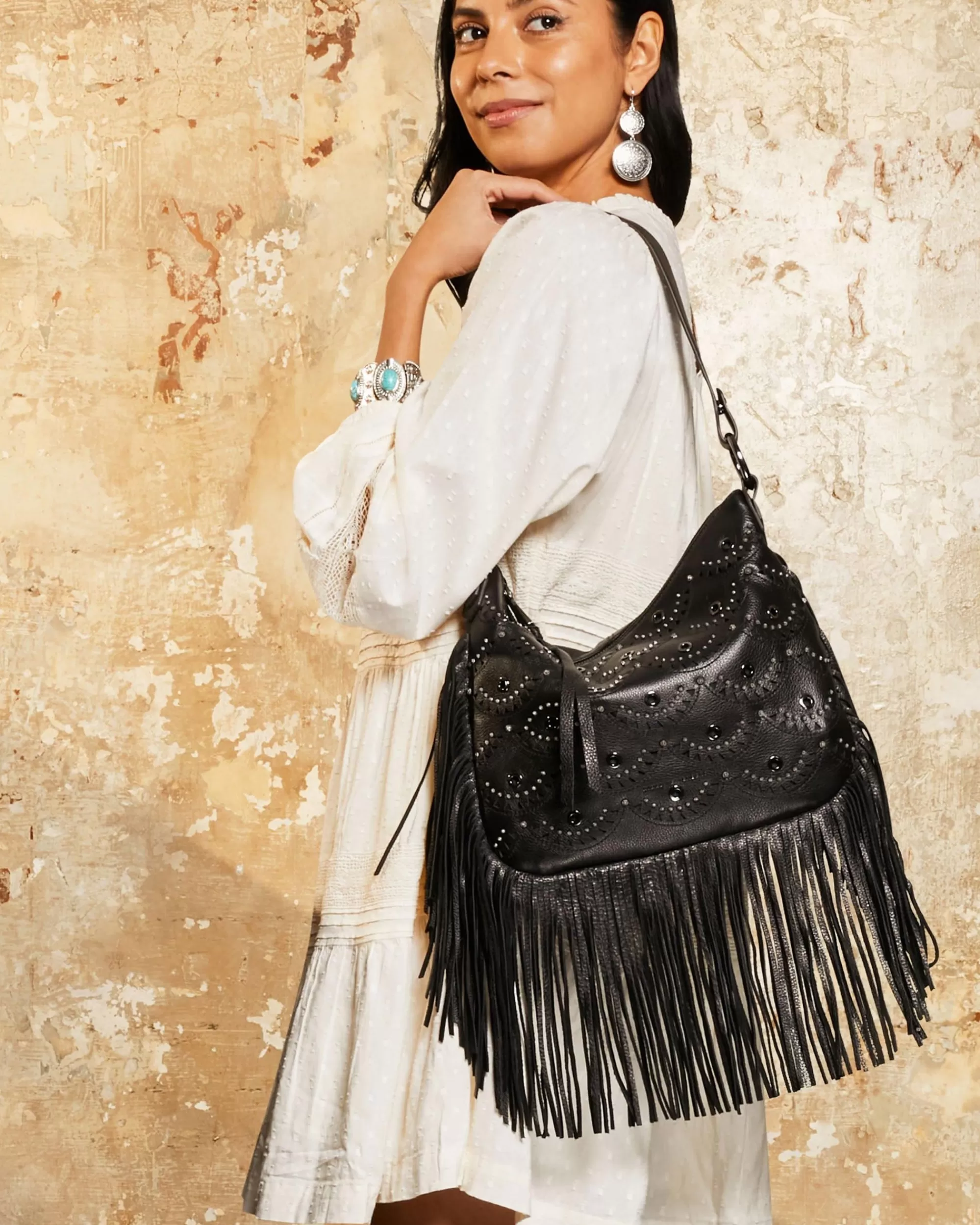 Aimee Kestenberg Shoulder Bags-Beach Babe Fringe Hobo Black Laser Cut