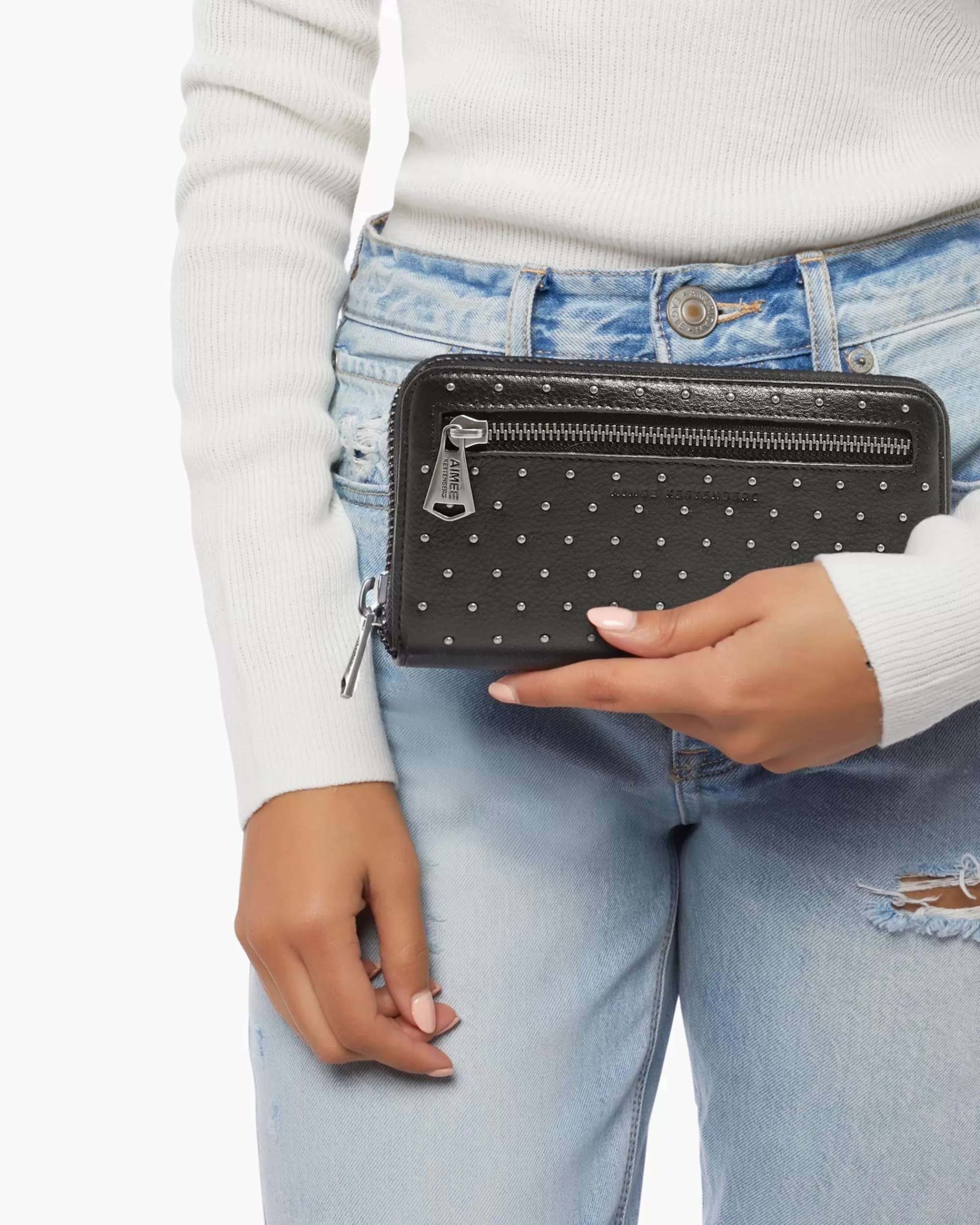 Aimee Kestenberg Clutches-Jesse Large Zip Around With Rfid Black Distressed Silver Studs